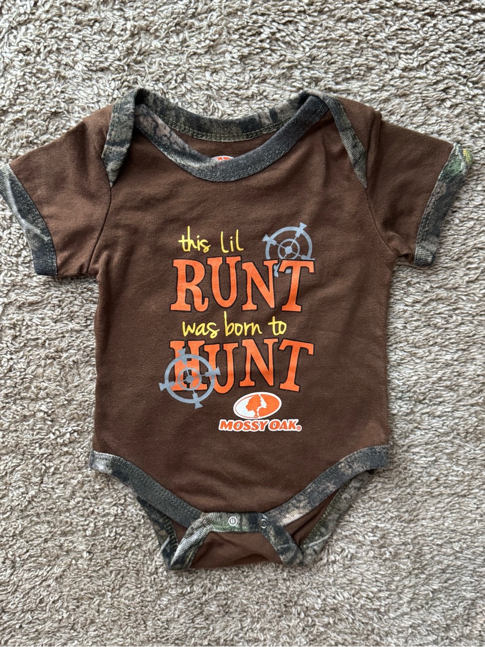 Mossy Oak This Lil Runt Was Born to Hunt Baby Bodysuit Brown Camo Trim 0-3M